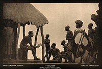 David Livingstone memorial in Blantyre; Livingstone reading the Bible to a group of African men. Photoprint.