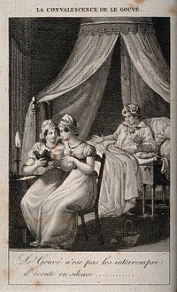 Two women read aloud and talk to each other, while a sick man listens in suffering silence. Line engraving.
