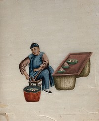 A man selling steamed dumplings . Watercolour by a Chinese artist, ca. 1800.