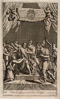 David playing the harp for a melancholy Saul to ease his mind, they are surrounded by courtiers. Etching by J. Kip after G. Freman.