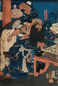 The warrior Guan Yu plays at 'go' (board game) while the surgeon Hua T'o operates on his arm. Colour woodcut by Kuniyoshi, 1853.