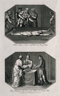 Above, the martyr Cuthbert Simpson is tortured on the rack in the Tower of London; below, Roger Holland, a Protestant priest, christens his child secretly in the Protestant faith. Engraving with etching, 1812.