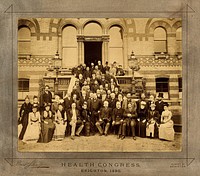 Health Congress, Brighton: group of about sixty delegates assembled on hotel  entrance steps. Photograph, 1890.
