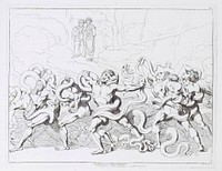 Thieves being tortured by snakes in the 8th circle of Hell, watched by Dante and Virgil. Etching by B. Pinelli, 1825.