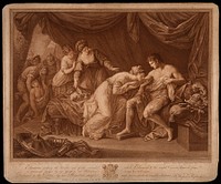 Queen Eleanor sucking the poison from King Edward's arm. Coloured stipple etching by W. Wynne Ryland, 1780, after A. Kauffman.