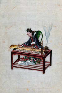 A Chinese woman playing a zither. Painting by a Chinese artist, ca. 1850.