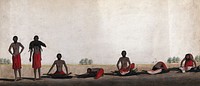 The different stages of a sanyasi eating the warm raw flesh of a goat. Gouache painting by an Indian artist.