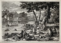 Men swimming and boating in a river; in the foreground a group of men dry themselves and relax on the river bank. Engraving by Perelle, 16--.
