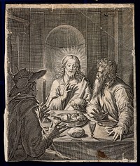 The risen Christ shares supper with two men at Emmaus. Engraving.