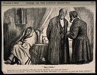 Two doctors discussing a patient who has a fever and a great thirst, the patient overhears and promises to cure the thirst if they can deal with the fever. Wood engraving by C. Keene, 1882.