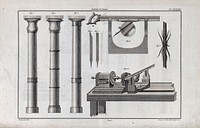 Carpentry: a lathe, with an assortment of tools for turning, and examples of turned work. Engraving by Louvet after Gallet.