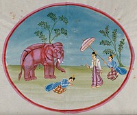 Burma: a lady attended by a servant bringing an elephant and another servant holding a parasol. Watercolour.