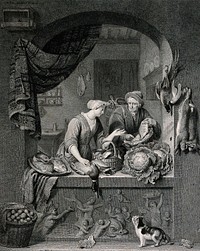 A man comes to a shop to sell a fish to a woman who sells poultry, fish and vegetables, watched by a cat. Engraving by J. Burnet after W. Mieris.
