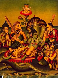 Vishnu resting on the ocean accompanied by Lakshmi, Tumbara, Hanuman, Narada, Garuda and Brahma sitting on a lotus. Chromolithograph.
