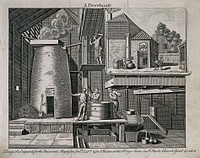 The interior and exterior of a working brewhouse. Engraving, c. 1747.