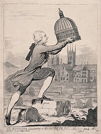 William Pitt the younger places the dome of St Paul's Cathedral over Lincoln Cathedral; representing Pitt's appointment of George Pretyman (Bishop of Lincoln) as also dean of St Paul's. Etching attributed to J. Gillray, 1787.