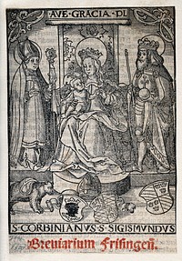 Saint Mary (the Blessed Virgin) with the Christ Child, Saint Corbinian and Saint Sigismund. Woodcut by L. Beck.