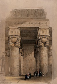 Decorated columns under the portico of the temple at Dendera, Egypt. Coloured lithograph by Louis Haghe after David Roberts, 1848.