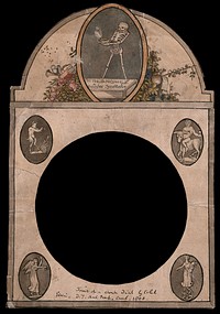 A clock dial on which a skeleton holds an oil lamp. Drawing by Caleb Elwin, 1800.