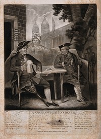 Two Greenwich Pensioners sitting in the garden of a tavern, near the Hospital, a woman behind listening to them, another Pensioner in the distance on the right. Mezzotint, 1791.