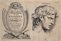 Frontispiece to an English edition of Charles Le Brun's 'Expressions of the passions of the soul' (left); a face expressing attention. Engraving, c. 1760, after C. Le Brun.