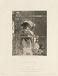 A girl looking through a window on a rainy day, disappointed that her walk outside will be cancelled. Photoengraving, 1857, after S. Anderson.