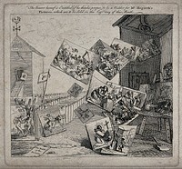 The battle of the pictures: between an auction house and Hogarth's studio, old master paintings are lined up in ranks outnumbering and attacking Hogarth's contemporary counterparts. Etching by W. Hogarth.