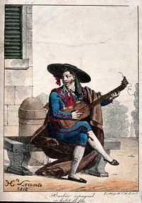A Spanish barber playing the guitar. Coloured lithograph by C. de Lasteyrie after Hippolyte Lecomte.