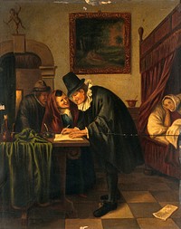 A physician writing a prescription for a sick young woman. Oil painting after Jan Steen.
