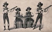 Four musicians performing: two standing men play guitars, two seated men play zithers. Lithograph.