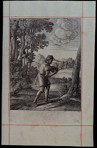 A peasant is carrying the nest of a nightingale, which is is sitting on a bush and is about to be swooped by a hawk; illustration of a fable by Aesop. Etching by W. Hollar.