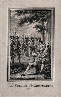 A soldier protects an unarmed man from approaching soldiers. Engraving with etching.