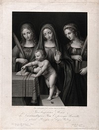 Saint Mary (the Blessed Virgin) with Saint Catherine of Alexandria and Saint Barbara. Engraving by J. Steinmüller, 1827, after Leonardo da Vinci .