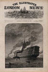 H.M.S. Dreadnought, a hospital ship, being towed from Greenwich to Chatham by tugs. Wood engraving by J. Greenaway, with letterpress and view of St Paul's Cathedral in title area, 1872.
