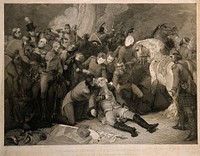 The battle of Alexandria: Sir Ralph Abercromby (Abercrombie) is wounded in the thigh. Engraving by F. Legat, 1805, after T. Stothard.