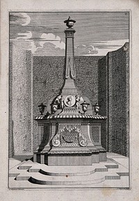 An ornate garden obelisk decorated with urns and cherubs. Etching by J. Schynvoet after S. Schynvoet, early 18th century.