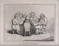 Five elderly people sit at a table drinking port as one man tells a story. Etching, c. 1795.