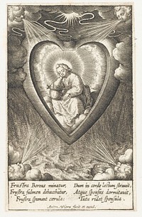 The Christ Child sleeps as a bridegroom in the believer's heart, making it safe as a bride from wind and storm raging outside. Engraving by A. Wierix, ca. 1600.
