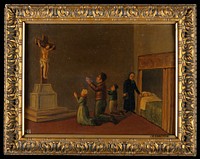 Votive picture: a man and two members of his family praying to Christ crucified for the health of another relative in bed. Oil painting.