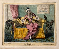 A woman suffering the pain of cholic; illustrated by demons tugging on a rope wound around her stomach. Coloured etching by G. Cruikshank, 1819, after Captain F. Marryat.