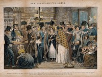 A drunken scene in a gin shop with children being given alcohol. Coloured etching by G. Cruikshank, 1848, after himself.