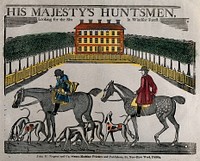 Windsor Forest and Windsor Great Park: two mounted huntsmen with their hounds; in the background, a mansion surrounded by trees. Coloured woodcut, ca. 1850.