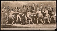 John Bull as the patient of promotors of competing therapies; representing British parliamentary reform. Aquatint by S. de Wilde, 1809.