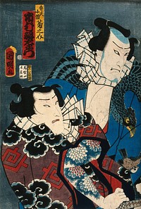Line up of five actors as "rough" popular heroes. Colour woodcut by Kuniaki, 1862.