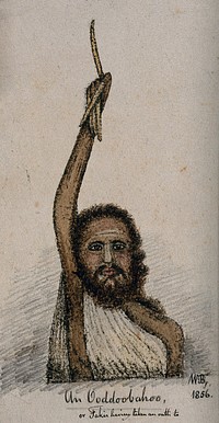 An Indian sadhu with very long fingernails is holding his arm up above his head. Ink drawing with pencil and watercolour by WB.