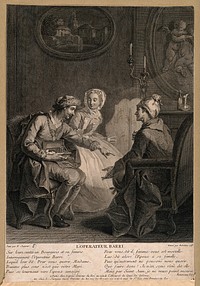 A husband and wife ask a quack doctor for advice about health: he suggests substituting himself for the husband in the wife's affections, and she agrees. Engraving by J.J. Balechou, 1743, after E. Jeaurat.
