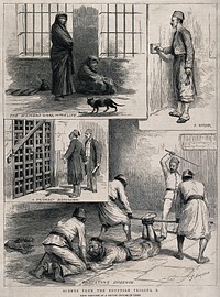 Men and women are prisoners in cells, one man is being tortured by having the soles of his feet beaten with a stick. Wood engraving after G. Durand.