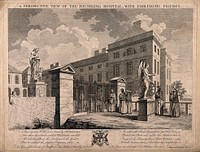 The Foundling Hospital, Holborn, London: a perspective view looking north-east at the main building, with penitent mothers arriving beside a statue of fortune. Engraving by C. Grignion and P. C. Canot after S. Wale, 1749.