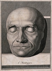 Death-mask of a man, possibly of C. Heidegger. Line engraving with etching by J.H. Lips, 1779.