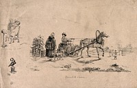 A Russian  in his sleigh talking to a man with a dog: to the left is a barber dressing a man's hair, beneath which there is an eagle. Lithograph by M.G.C., 1824.
